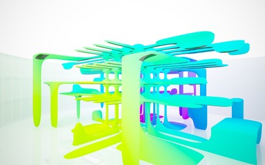 Abstract white and colored gradient smooth interior multilevel public space with window. 3D illustration and rendering.