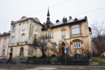 Fototapeta na wymiar Old architecture in Lviv center, Ukraine, street