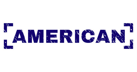 AMERICAN text seal print with corroded texture. Text caption is placed between corners. Blue vector rubber print of AMERICAN with dirty texture.