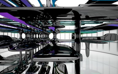 Abstract dynamic interior with brown and colored gradient smooth objects. 3D illustration and rendering