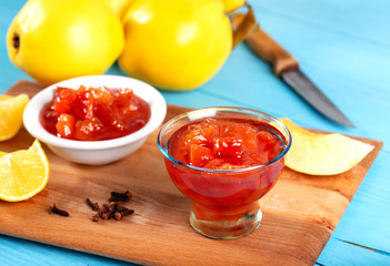 Fresh quince jam, background