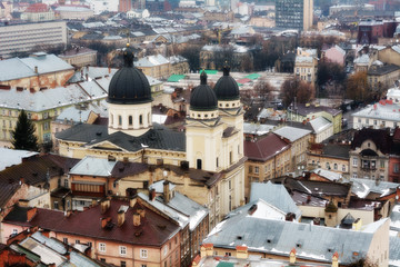 Fototapeta na wymiar Ancient Lviv view from height. Nice view of the ancient city, a tourist place.