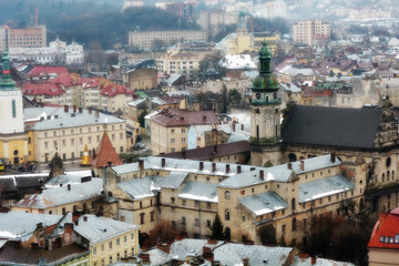 Ancient Lviv view from height. Nice view of the ancient city, a tourist place.