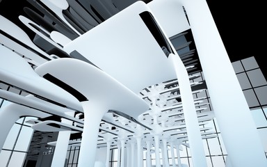 Abstract dynamic interior with white smooth objects and black room . 3D illustration and rendering