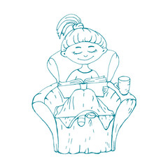 Girl reading a book and drinking tea sitting in a chair.