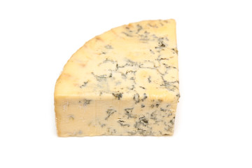 Mature blue stilton cheese isolated on a white studio background.
