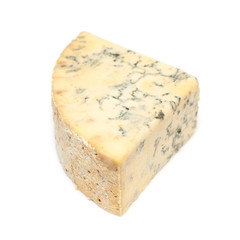 Mature blue stilton cheese isolated on a white studio background.