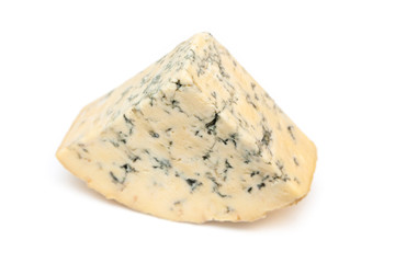Mature blue stilton cheese isolated on a white studio background.