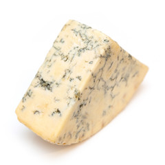 Mature blue stilton cheese isolated on a white studio background.