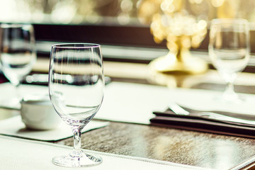Glasses wine on table in sushi restaurant Serving in the restaurant on the table