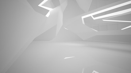 Abstract white interior multilevel public space with neon lighting. 3D illustration and rendering.