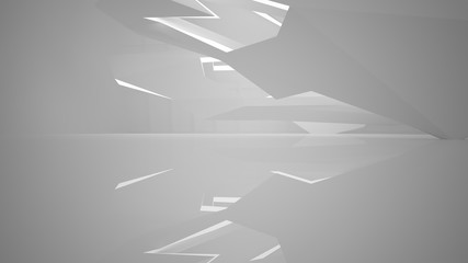 Abstract white interior multilevel public space with neon lighting. 3D illustration and rendering.