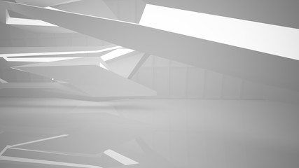 Abstract white interior multilevel public space with neon lighting. 3D illustration and rendering.