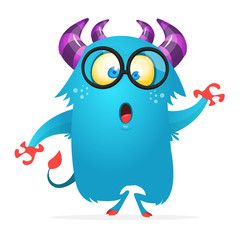 Scared cartoon pink monster waving. Vector cute monster mascot illustration for Halloween