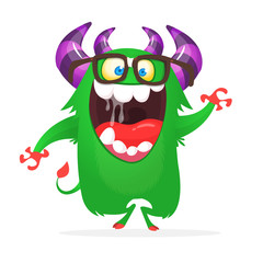 Cute laughing green monster wearing eyeglasses
