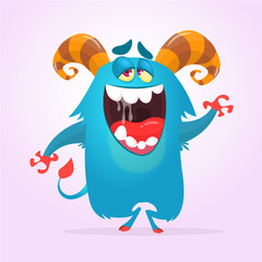 Happy horned monster singing. Halloween  vector illustration.