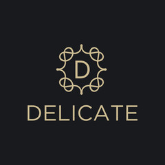 Premium linear shield monogram letter D logotype. Elegant crest leaf stamp icon vector logo. Luxury alphabet frame symbol. - Vector