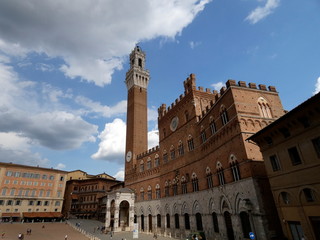 Fototapeta premium Piazza del Campo, Siena, plaza medievales.El Palazzo Pubblico y su Torre del Mangia, junto con varios palazzi signorili la rodean.