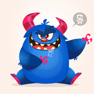 Angry cartoon monster. Halloween vector horned monster