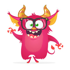 Cool cartoon pink monster wearing big eyeglasses. Halloween illustration