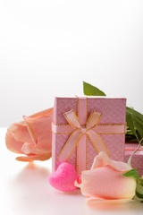 Pink heart, box and roses. Valentine's Day.