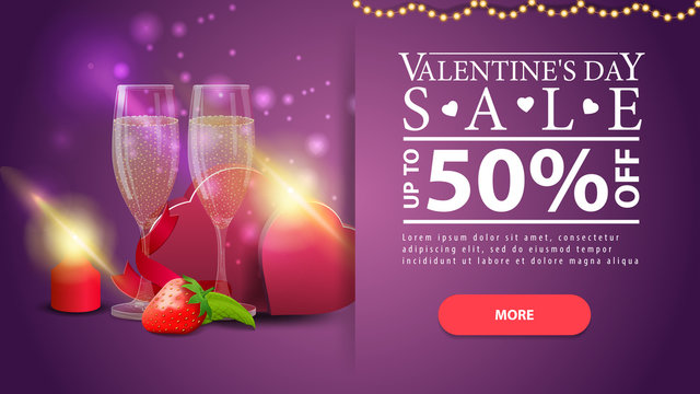 Purple horizontal Valentine's Day discount banner with glasses of champagne and two hearts