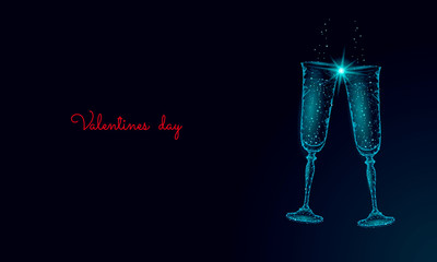 Two glasses of champagne with sparkles. Low poly polygonal blue glowing toasting romantic love date. Heart shape tender dating chin-chin couple Valentine day vector illustration