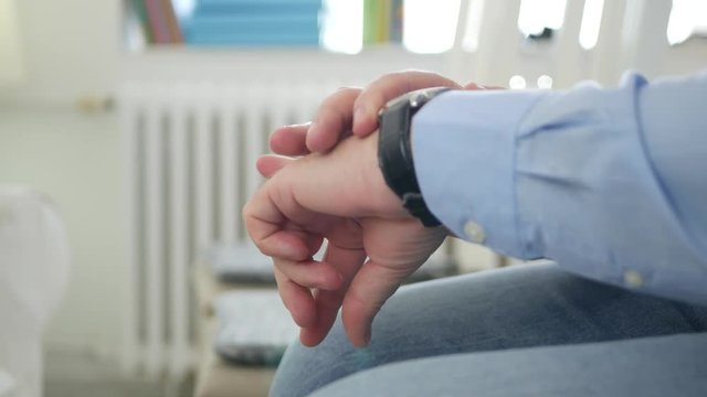 Restless Man Make Nervous Hands Gestures Look to Wristwatch Checking Time