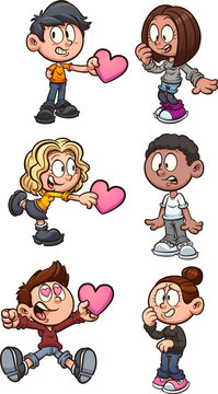 Cartoon kids giving and receiving Valentine’s hearth shaped cards