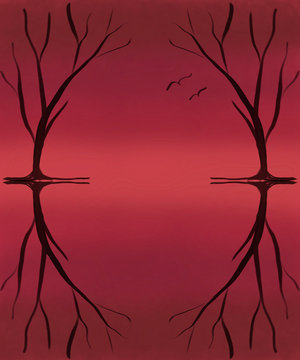 Dark Trees with Birds on Red Coral Background