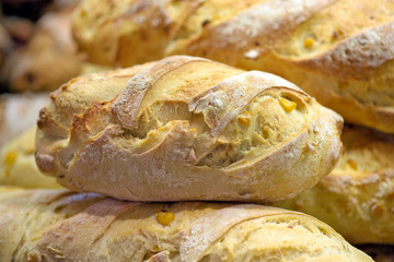 Closeup of long bread on bakery counter