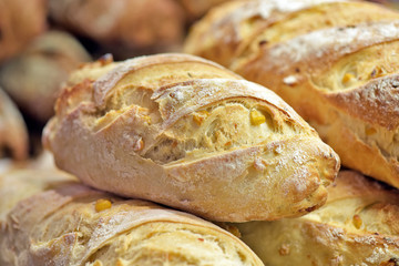 Closeup of long bread on bakery counter