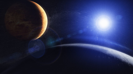 Fototapeta na wymiar Weltall mit Sonne und Planeten (Jupiter, Pluto, Erde)