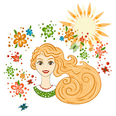 Vector, portrait of a beautiful girl, summer theme, spring. Flowers and sun, postcard, flyer spring and summer theme
