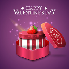 Purple Valentine's Day greeting card with gift and strawberry