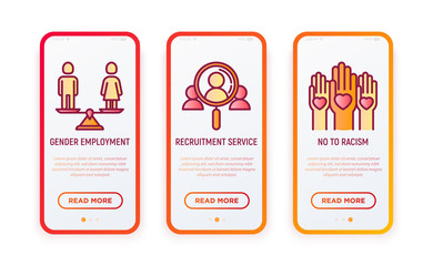 Business ethics thin line icons set: no to racism, recruitment service, gender employment. Vector illustration for user mobile interface.