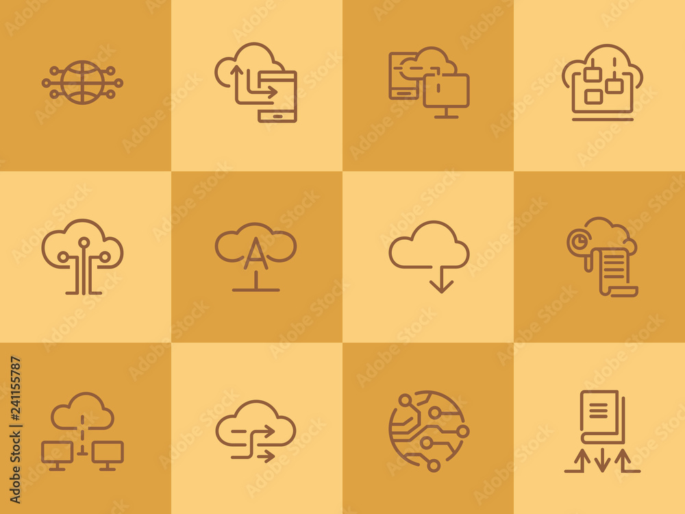 Poster cloud computing line icon set. set of line icons on white background. programming concept. system, s