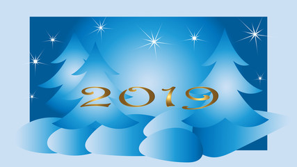 Winter landscape card in blue. White stars golden text 2019.