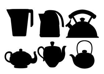 Black silhouette. Modern kettle and teapot icon collection. Stainless steel, plastic and ceramic teapot kitchenware. Flat vector illustration isolated on white background