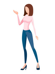 Obraz premium Women in blue jeans and pink pullover standing. No face design. Cartoon flat illustration isolated on white background