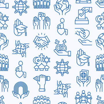 Tolerance seamless pattern with thin line icons: gender, racial, national, religious, sexual orientation, educational, interclass, for disability, respect, human rights, democracy. Vector illustration
