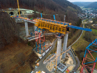 Aerial of complex new railway bridge construction between two tunnels in the Swabian Alps between Stuttgart and Ulm in Germany