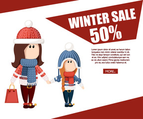 Naklejka premium Women hold paper bags. Winter sale, special discount. Web site page and mobile app design. Holidays shopping. Cartoon character design. Flat vector illustration on white background