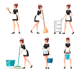 Collection of maids in french outfits. Hotel staff engaged in performance of service duties. Chambermaid cleaning floor with mop. Flat vector illustration isolated on white background