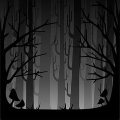 Dark forest with fog. Misty woods for game or website concept. Foggy forest. Flat vector illustration