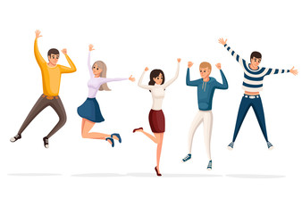 Fototapeta na wymiar Happy group of people jumping. Cartoon character design. Concept of friendship. Flat vector illustration on white background