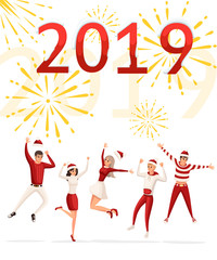 Happy mans and women's jumping celebrate Happy New Year. Red and white clothes, Christmas costume. Having fun people. Flat vector illustration on white background with golden fireworks