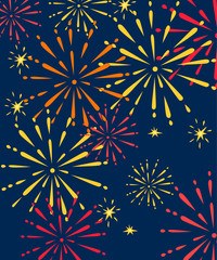 Abstract golden and red fireworks explosions. Flat vector illustration on night sky background. Place for text