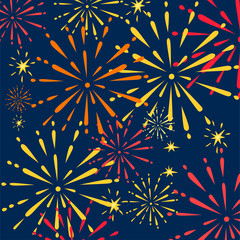 Abstract golden and red fireworks explosions. Flat vector illustration on night sky background. Place for text