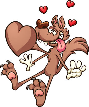 Cartoon wolf in love with big heart pumping out of chest. 